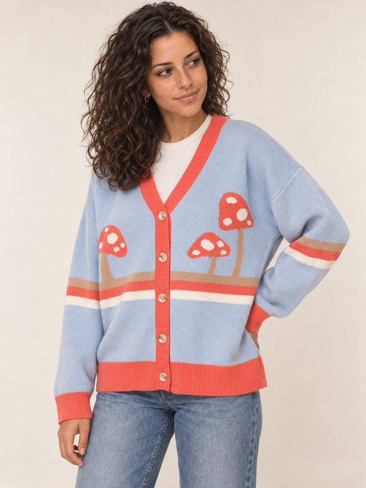 Mushroom Cardigan Red Stripe Blue three-quarter view on model