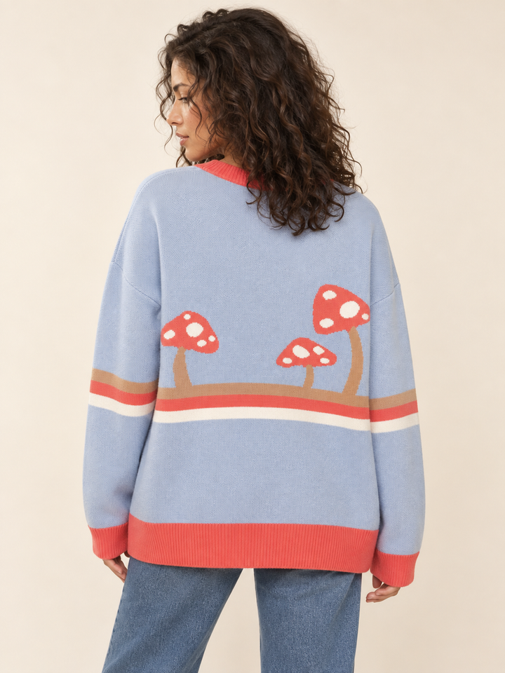 Mushroom Cardigan Red Stripe Blue back view on model