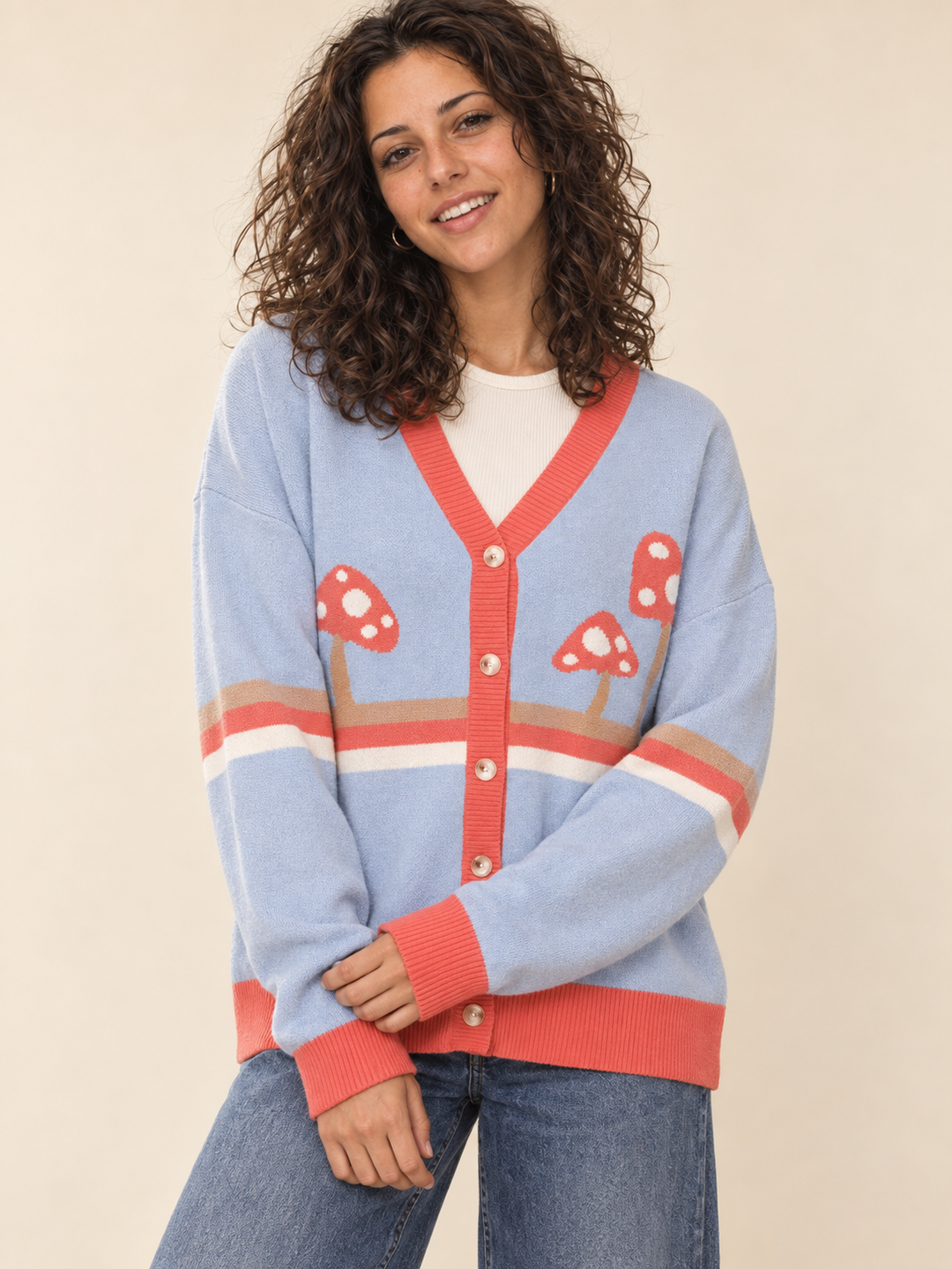 Mushroom Cardigan Red Stripe Blue front view on model