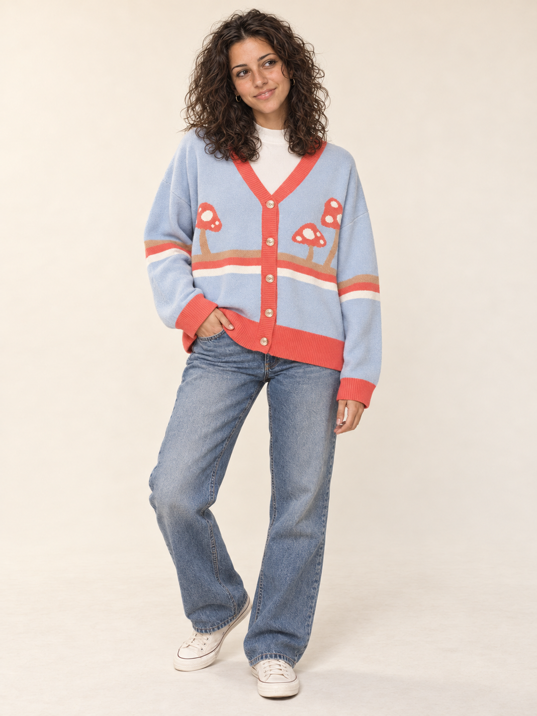 Mushroom Cardigan Red Stripe Blue full-body view on model