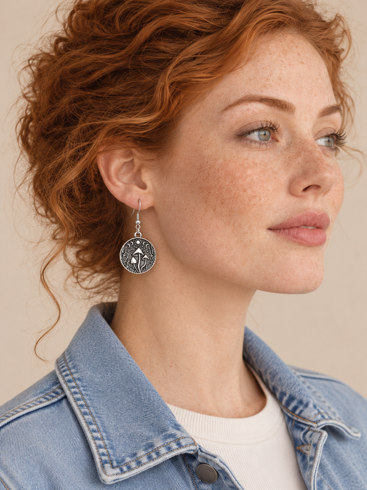 Mushroom Forest Drop Earrings worn on a model