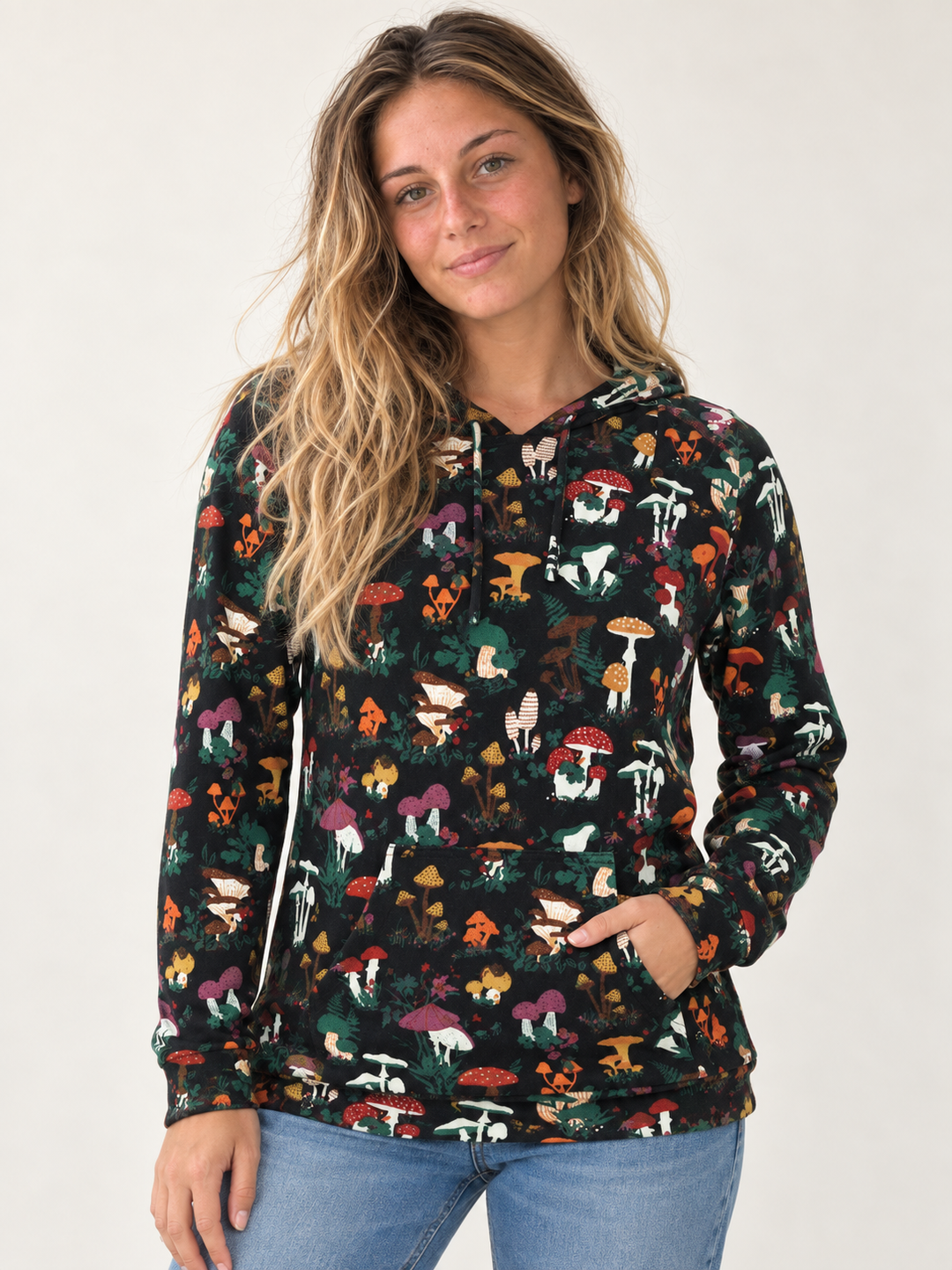 Model wearing Mushroom Garden Hoodie, front view