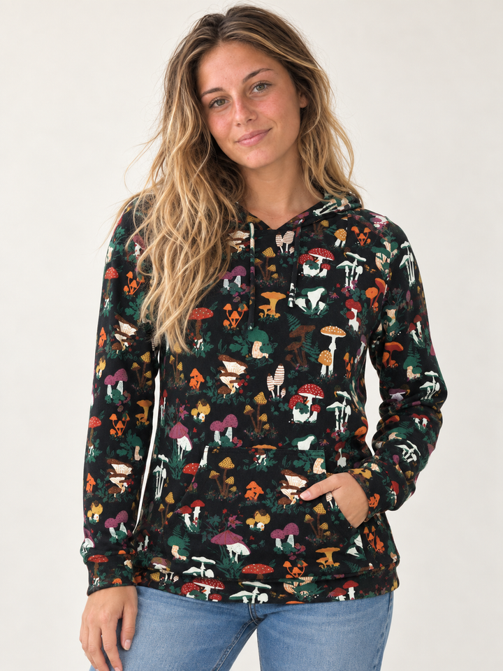 Model wearing Mushroom Garden Hoodie, front view