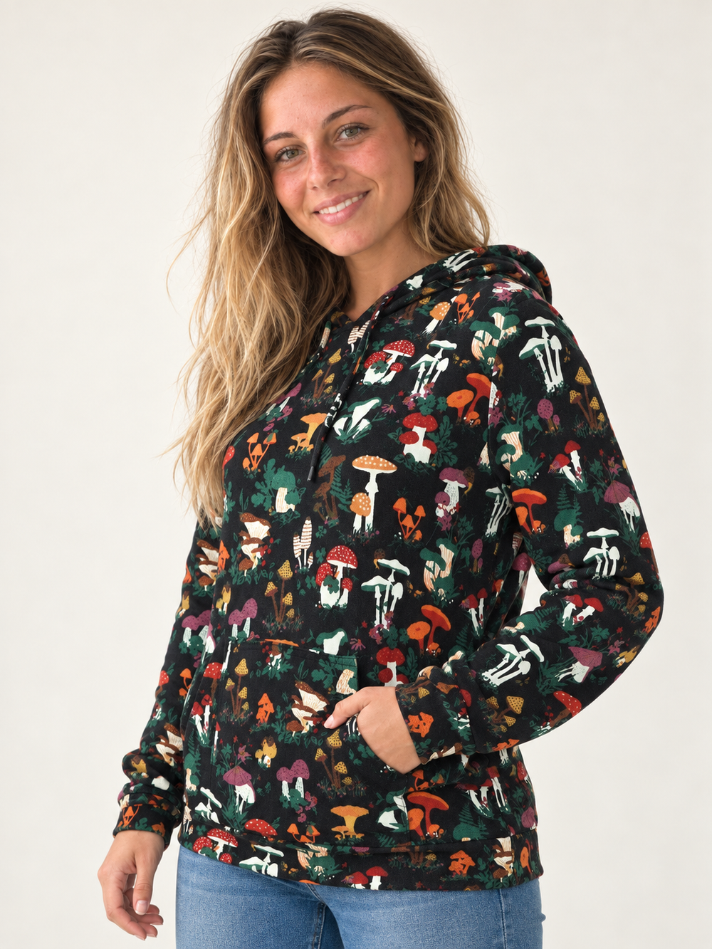 Model wearing Mushroom Garden Hoodie, 45-degree view