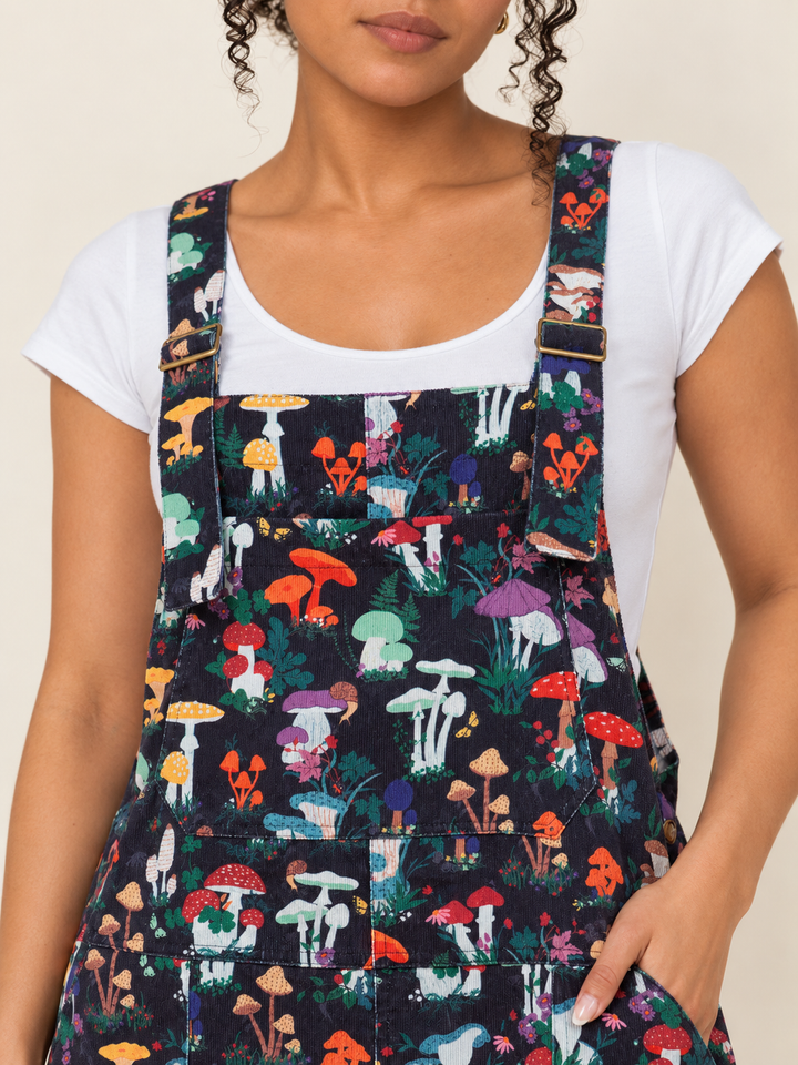 Mushroom Garden Overalls corduroy fabric and print detail