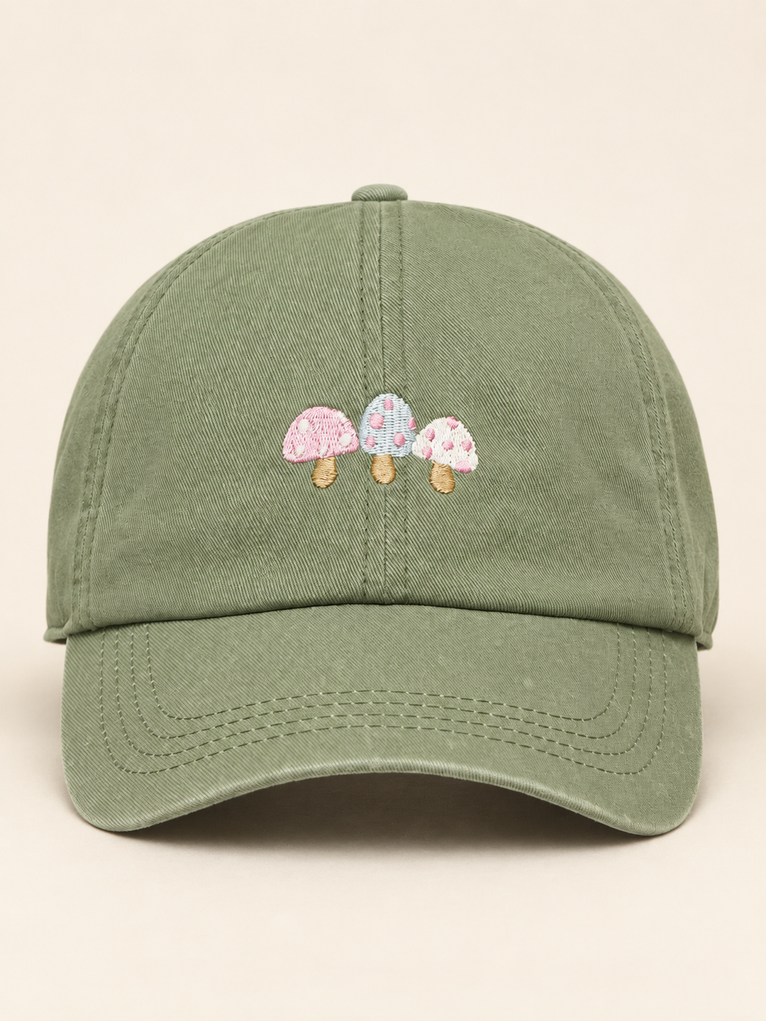 Sage mushroom embroidered hat, front view