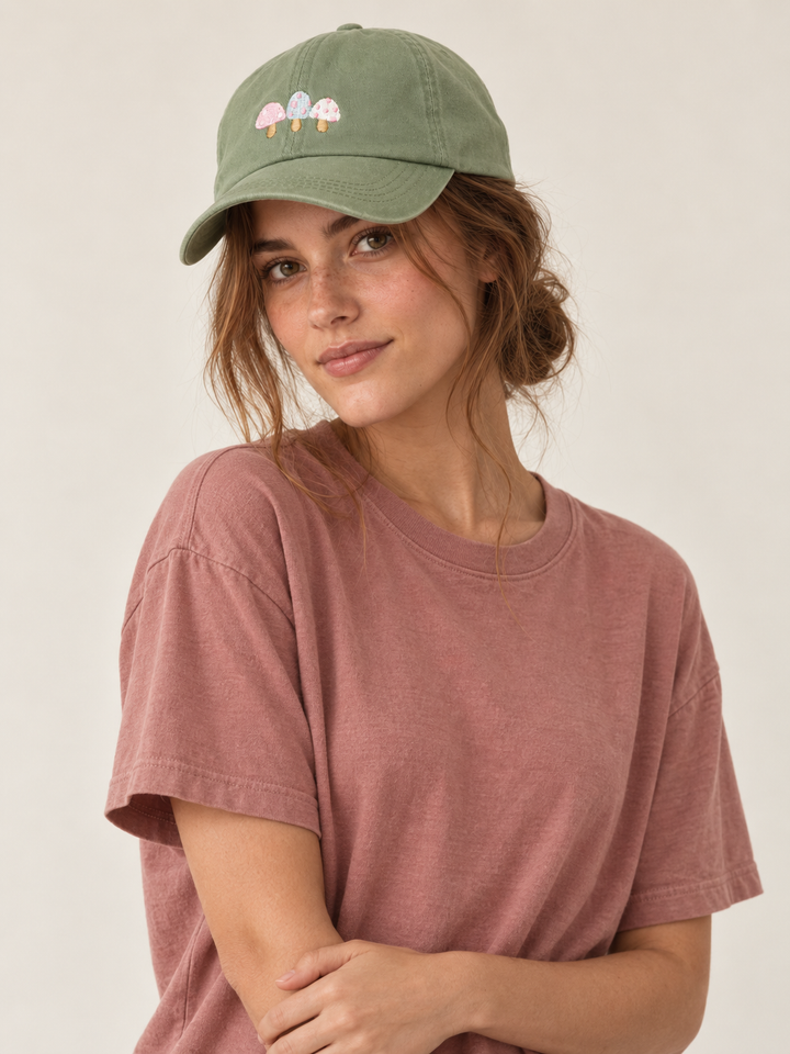 Model wearing sage mushroom embroidered hat
