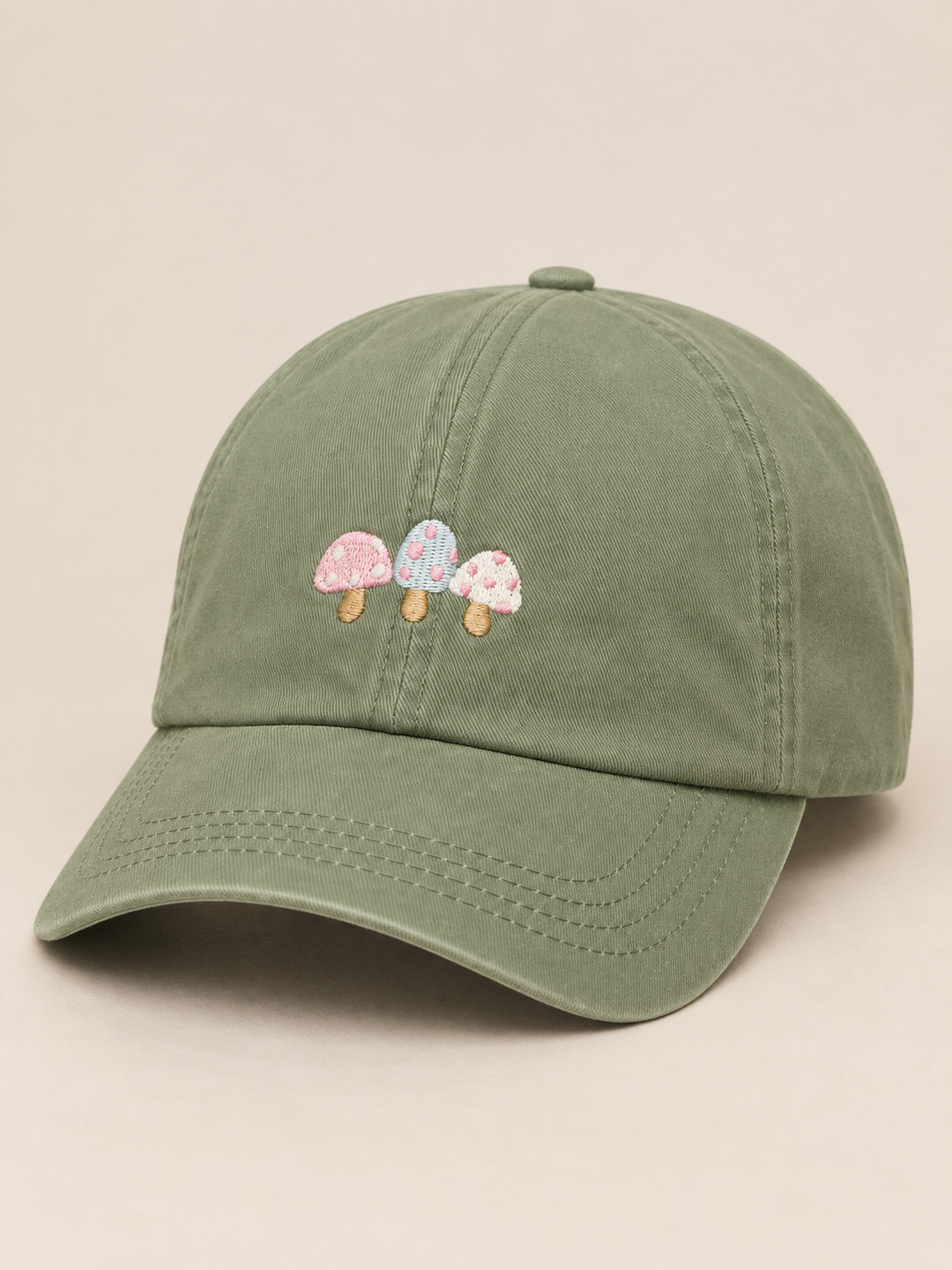 Sage mushroom embroidered hat, three-quarter view