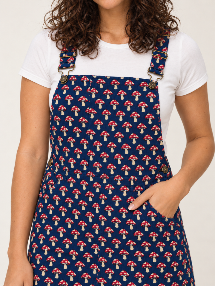 Mushroom Overall Dress Blue - corduroy mushroom print detail