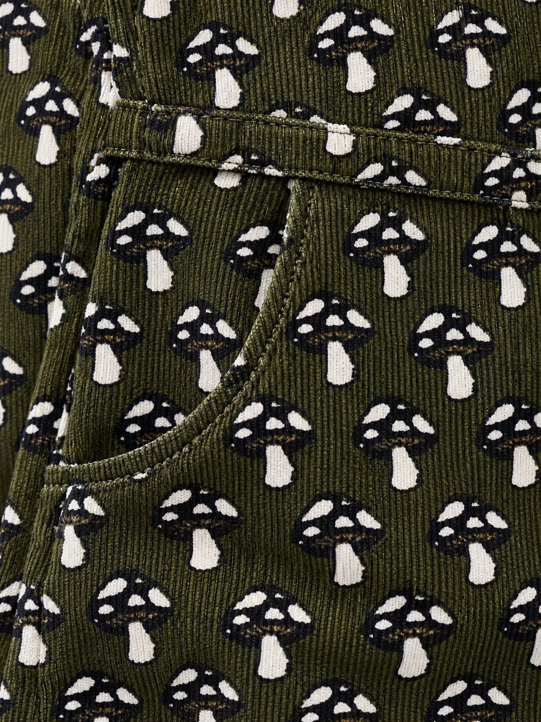 Mushroom Overall Dress Green corduroy mushroom fabric close-up