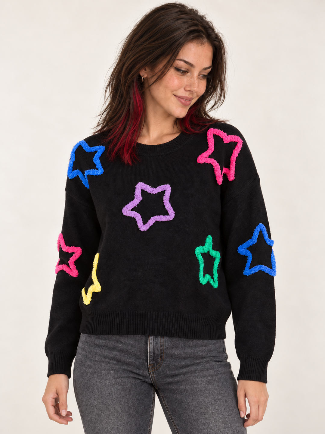 Model wearing Neon Fuzzy Star Sweater, front view