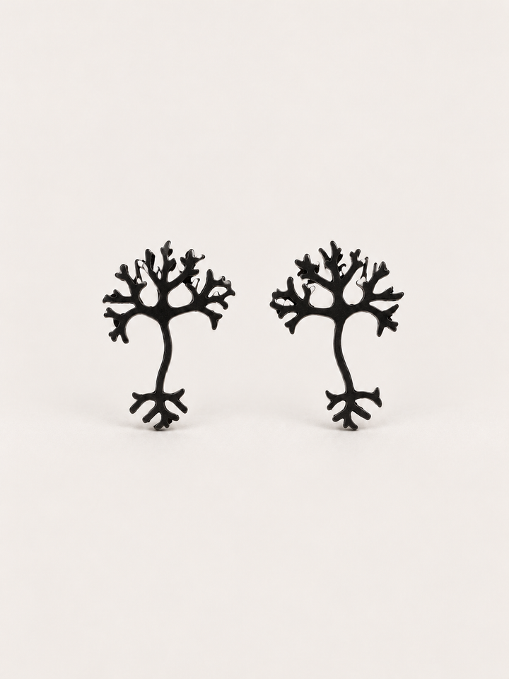 Black stainless steel Neuron Stud Earrings shown on a warm neutral background