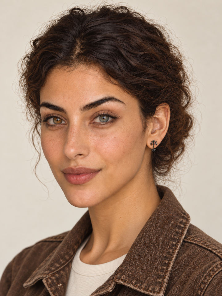 Black stainless steel Neuron Stud Earrings worn on a model with a brown denim jacket