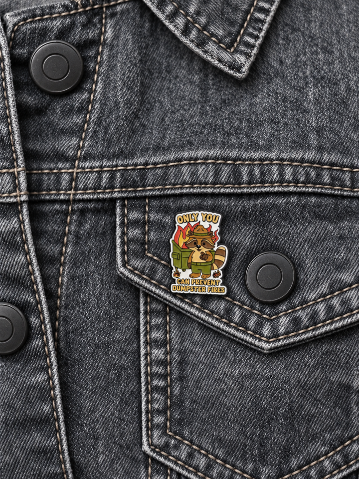 Only You Can Prevent Dumpster Fires Pin displayed on a faded gray denim jacket beside a metal button