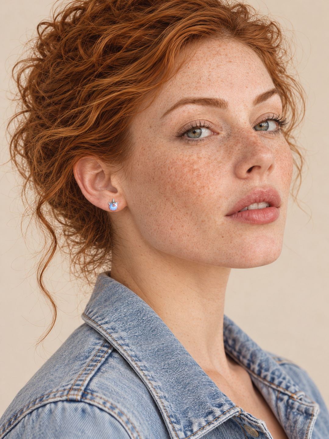 Opal Unicorn Stud Earrings worn on the viewer-left ear