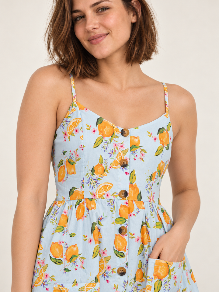 Orange Blossom Faux Button Down Dress fabric and button detail