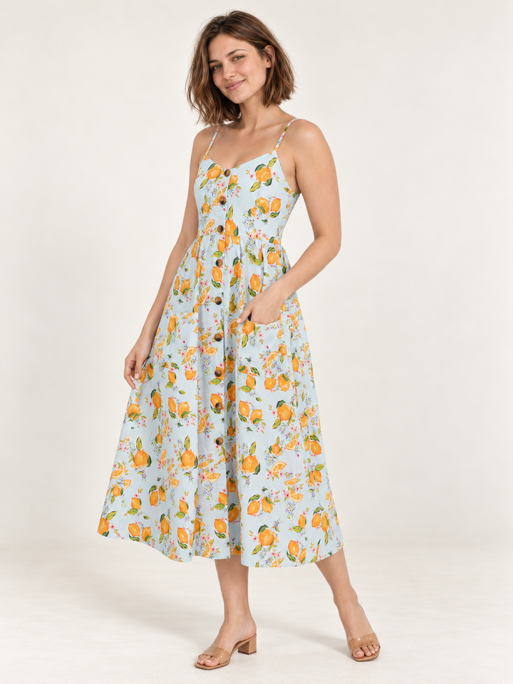 Model wearing Orange Blossom Faux Button Down Dress, 45-degree view