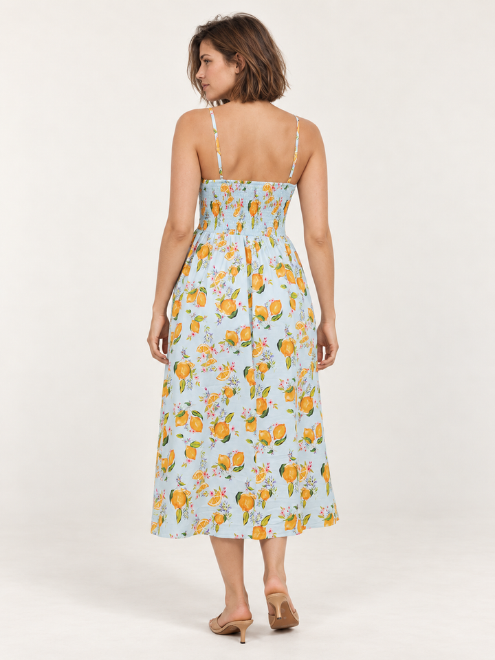 Model wearing Orange Blossom Faux Button Down Dress, full-body back view