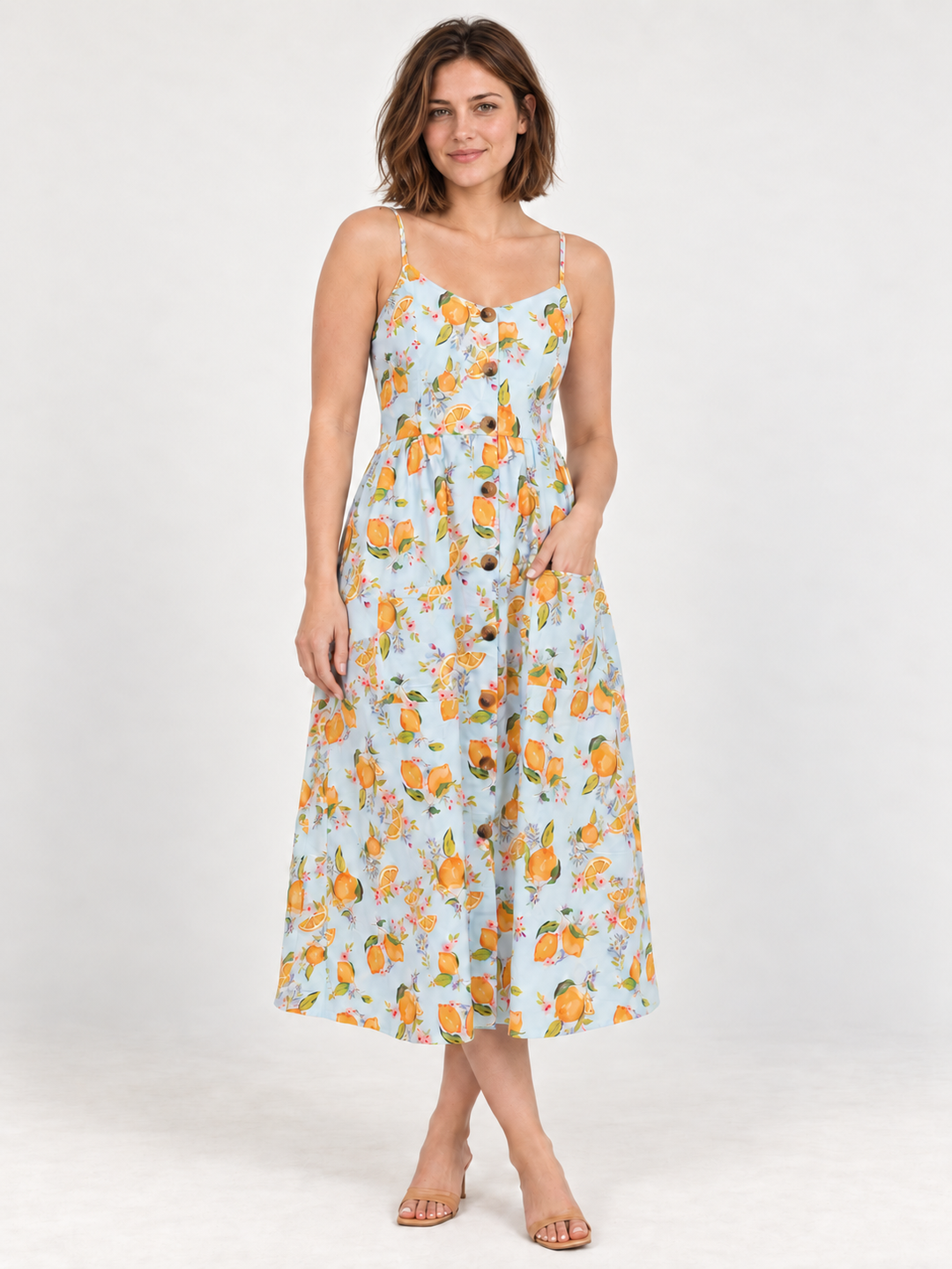 Model wearing Orange Blossom Faux Button Down Dress, full-body front view looking at camera
