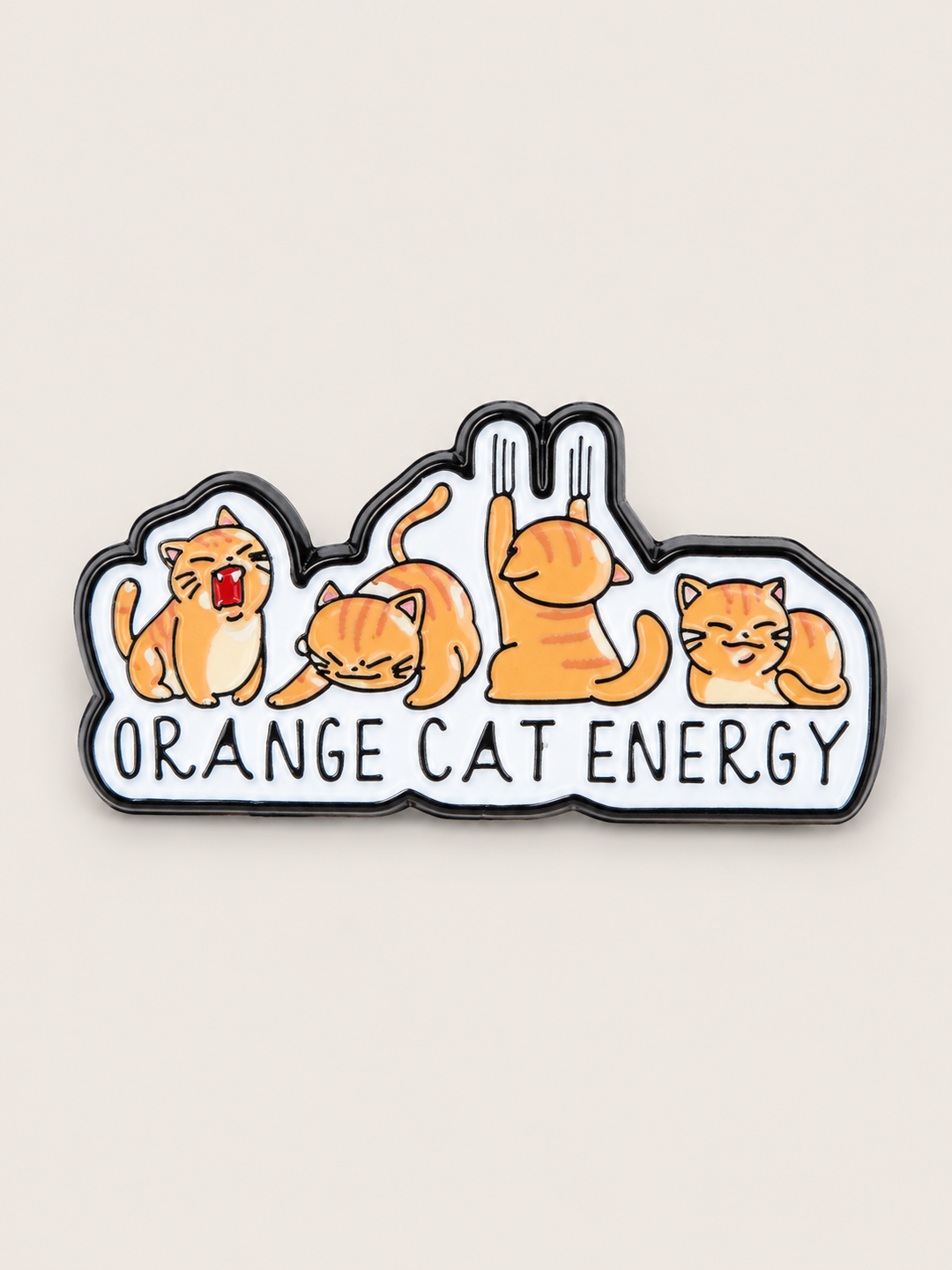 Orange Cat Energy Pin shown on a warm neutral background