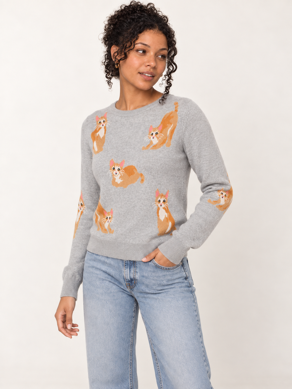 Model wearing Orange Cat Sweater Gray, 45-degree view