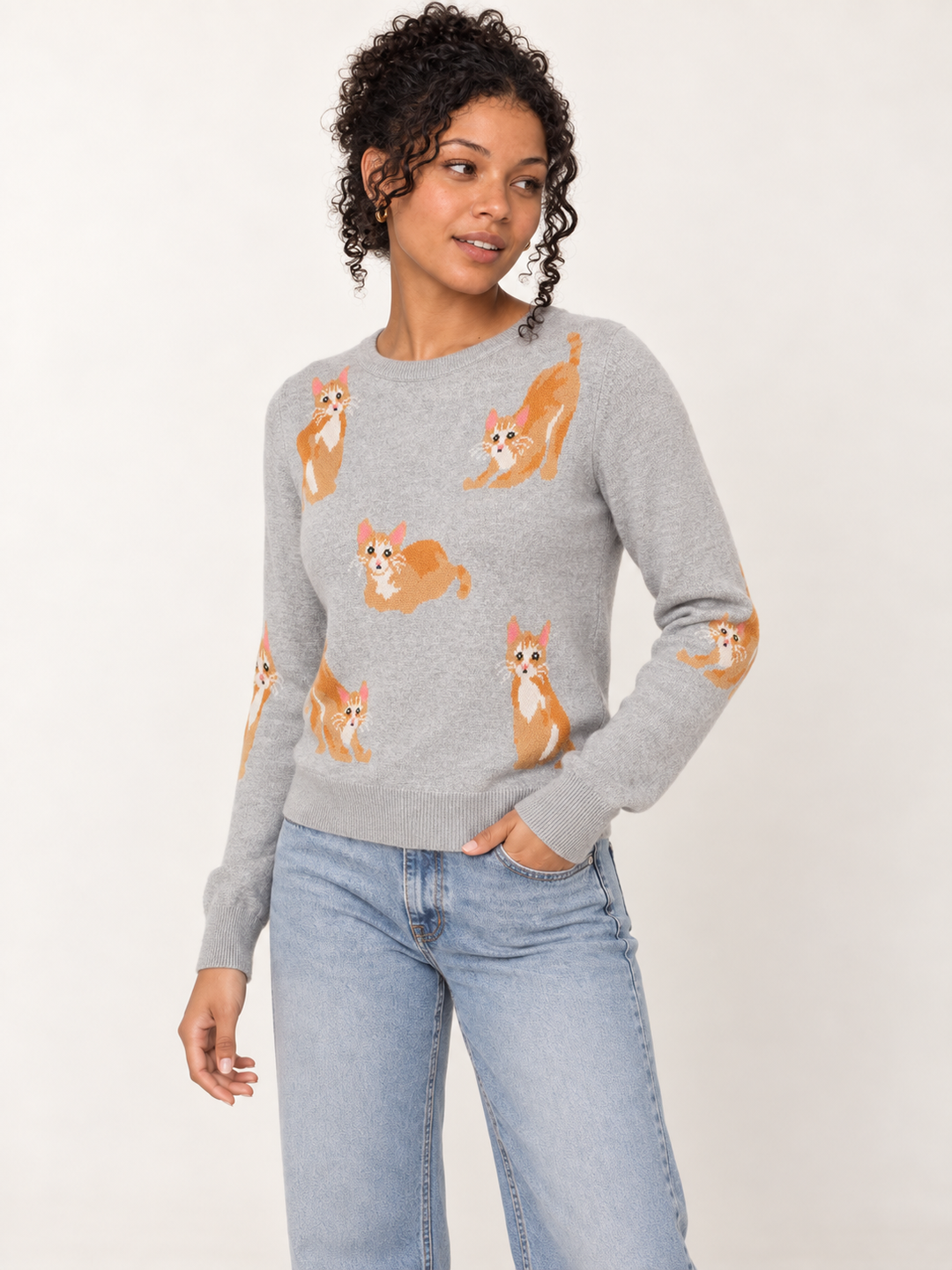 Model wearing Orange Cat Sweater Gray, 45-degree view