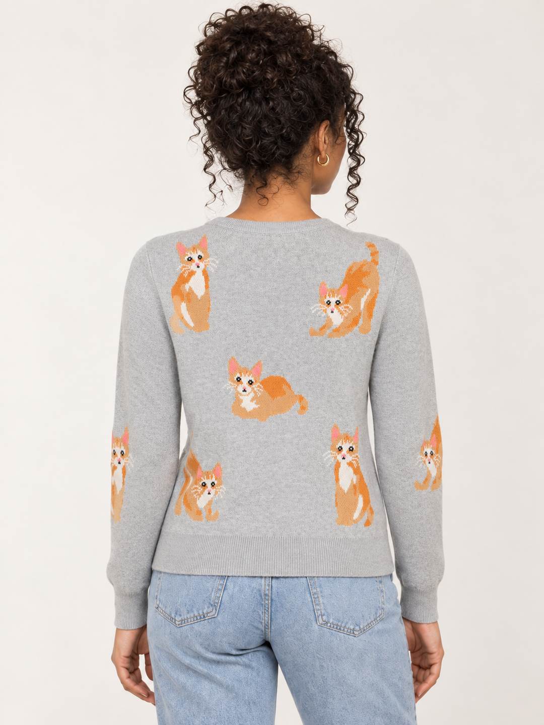 Model wearing Orange Cat Sweater Gray, back view