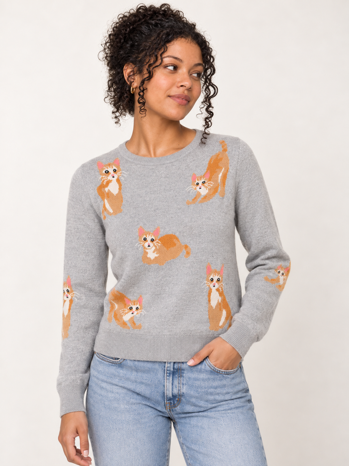 Model wearing Orange Cat Sweater Gray, front view