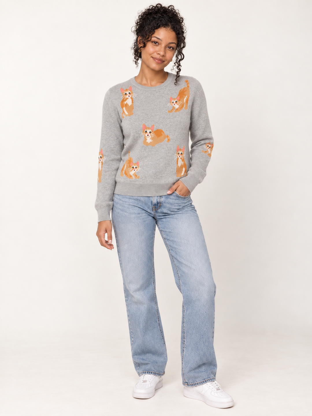 Model wearing Orange Cat Sweater Gray, full-body front view