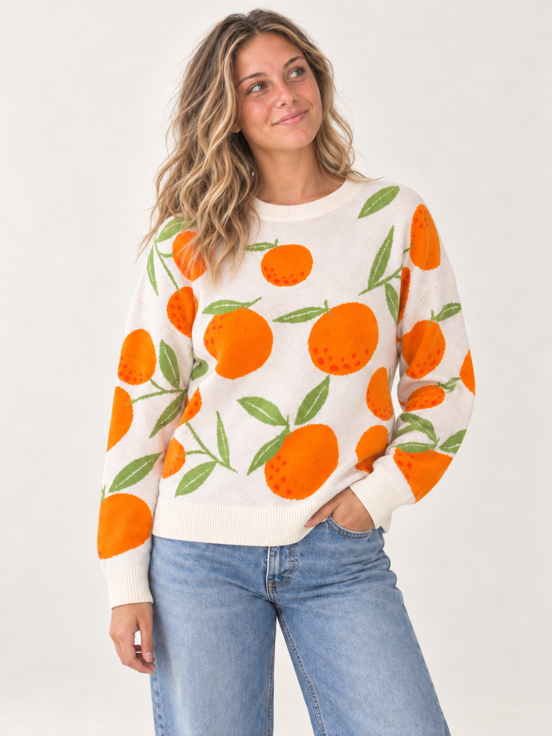 Orange sweater front view on model