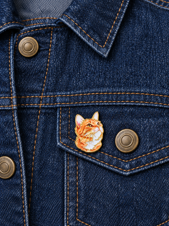 Orange Tabby Cat Portrait Pin displayed on a blue denim jacket beside a metal button