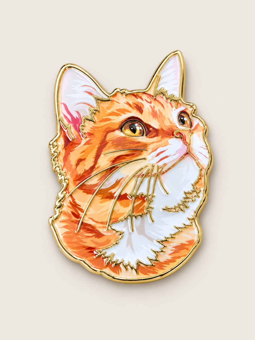 Orange Tabby Cat Portrait Pin shown on a warm neutral background
