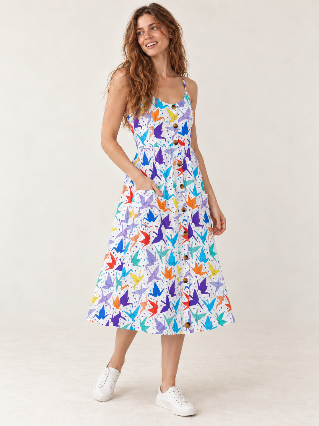 Model wearing Origami Crane Faux Button Down Dress, three-quarter view