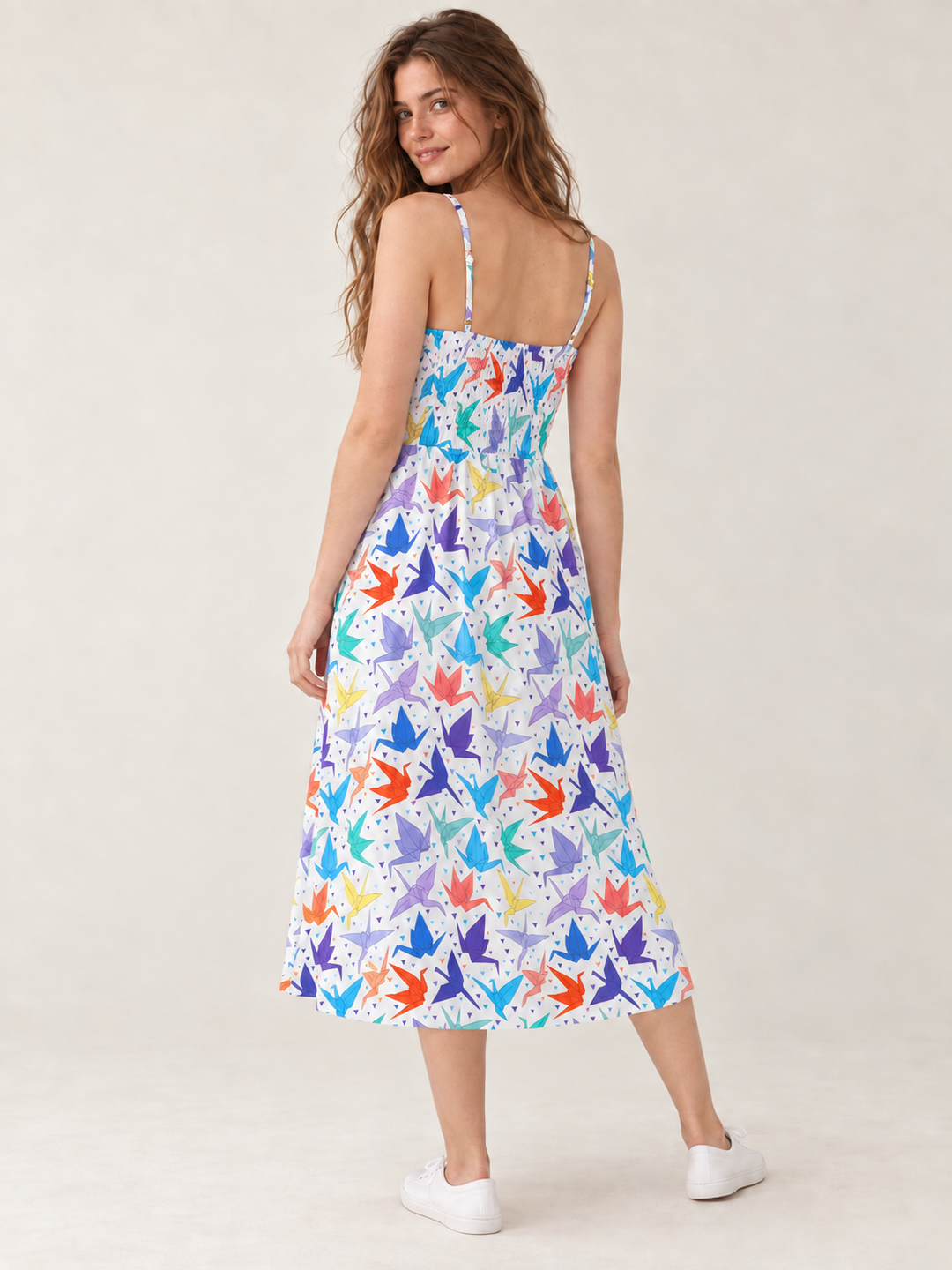 Model wearing Origami Crane Faux Button Down Dress, back view