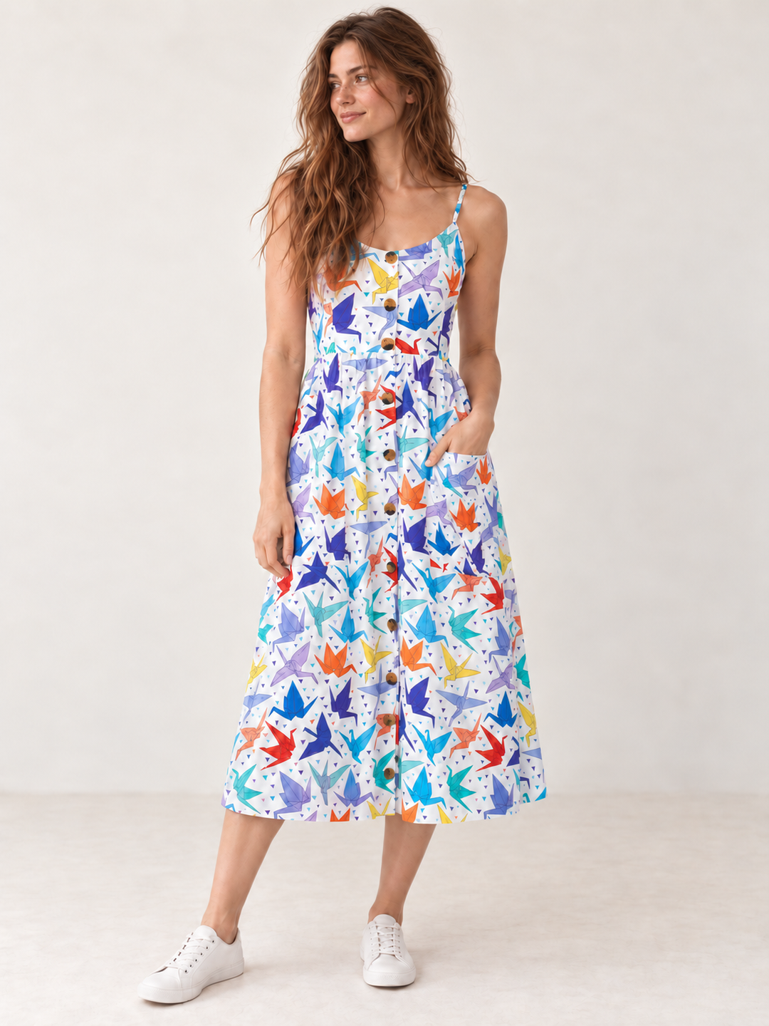Model wearing Origami Crane Faux Button Down Dress, front view