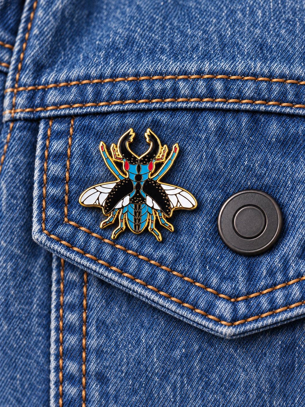 Ornate Winged Beetle Pin displayed on medium-blue denim beside a metal button