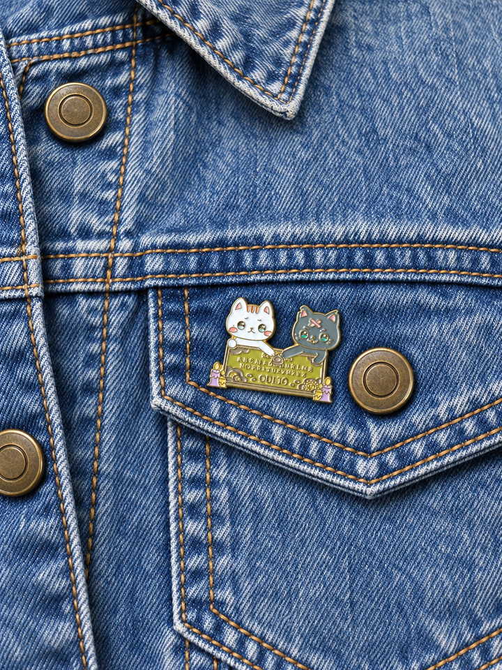 Ouija Board Cats Pin displayed on a stonewash denim jacket beside a metal button