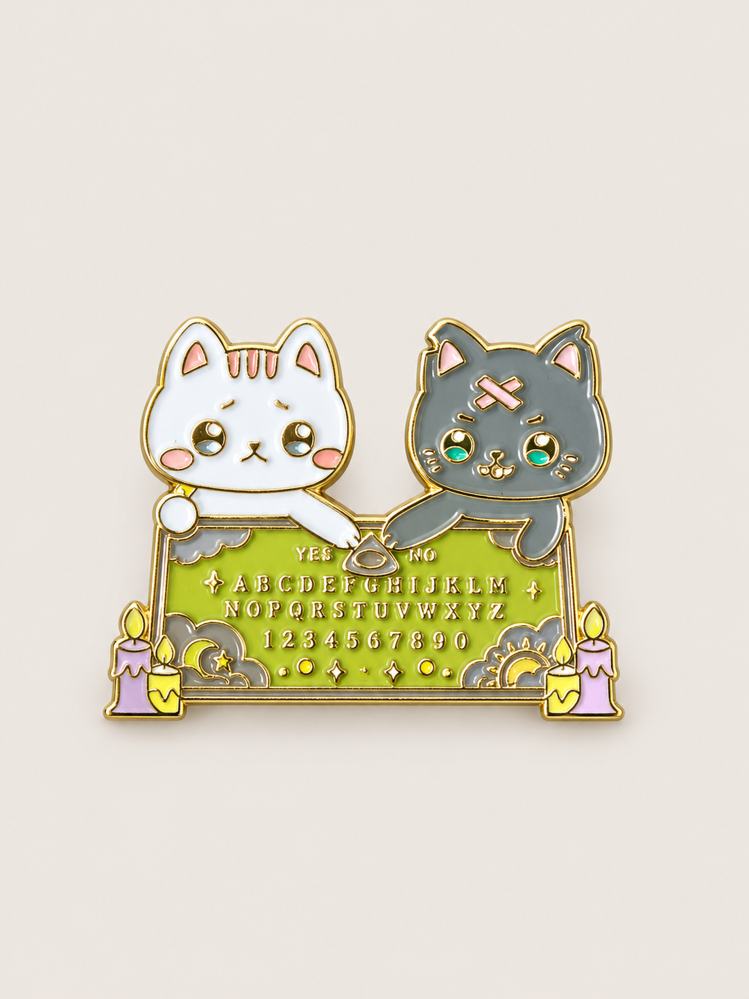 Ouija Board Cats Pin shown on a warm neutral background