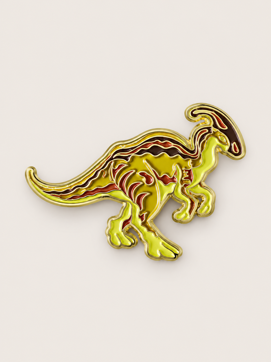 Parasaurolophus Dinosaur Pin shown on a warm neutral background