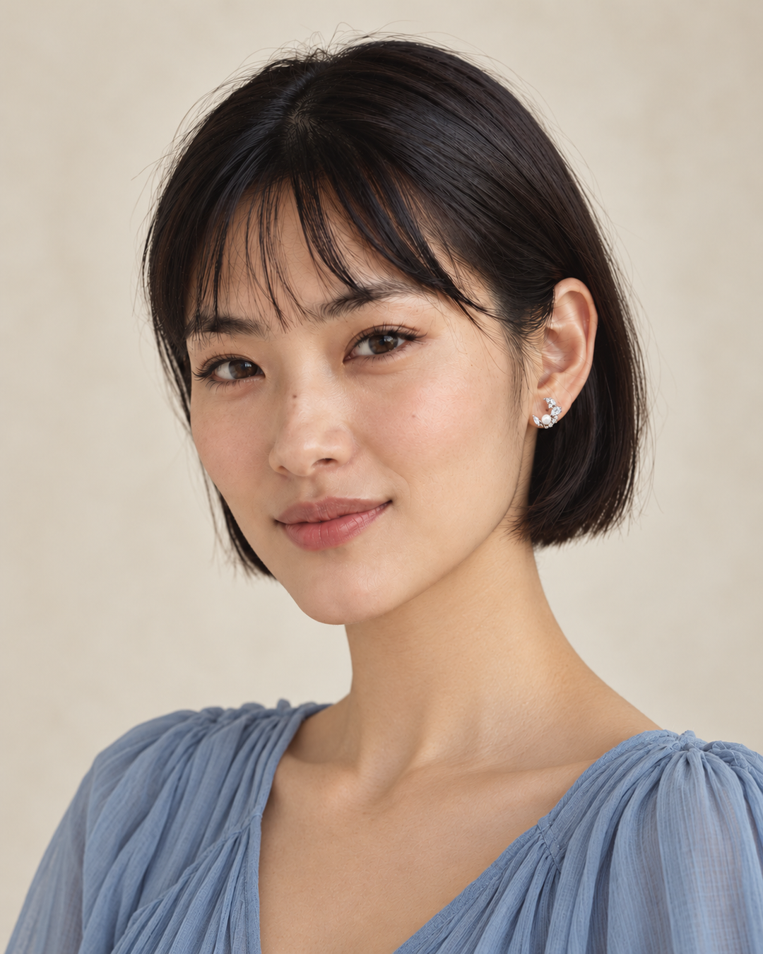 Silver pearl and crystal crescent earring worn naturally on a model's anatomical right ear