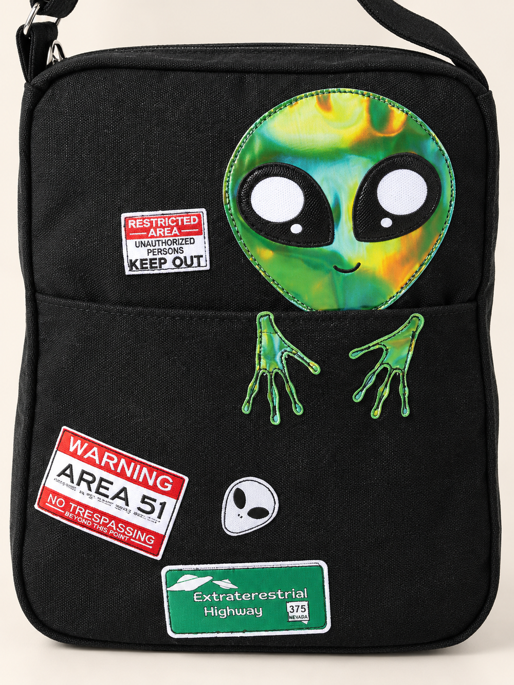 Close-up of Peeking Alien Canvas Bag details