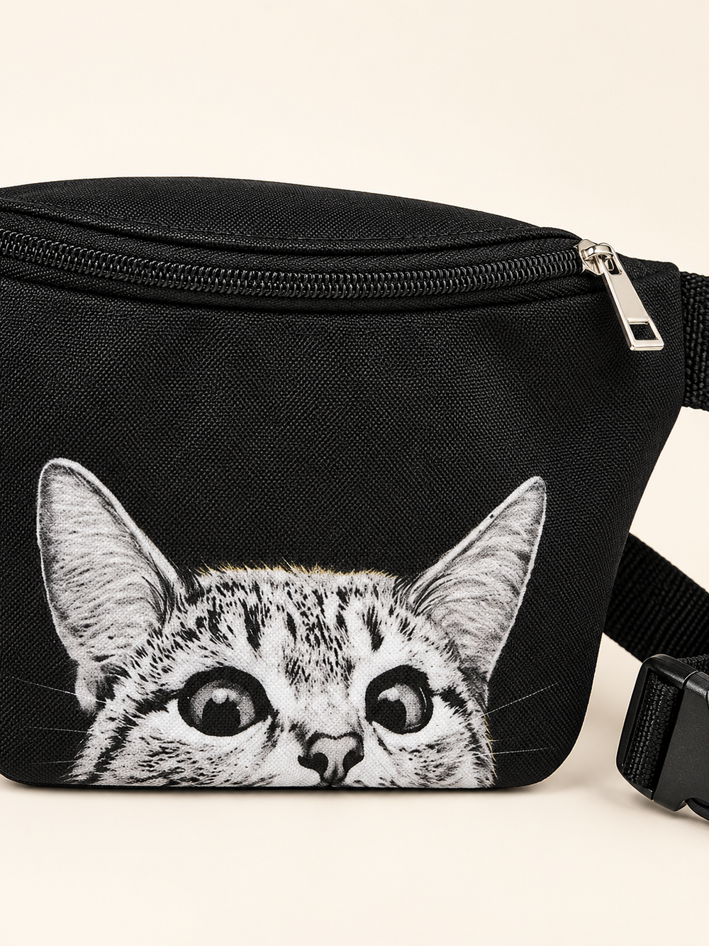 Close-up of the Peeking Cat Fanny Pack cat print and zipper