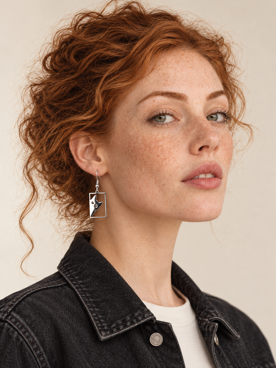 Silver Peeking Cat Rectangle Drop Earring worn by a model in a black denim jacket