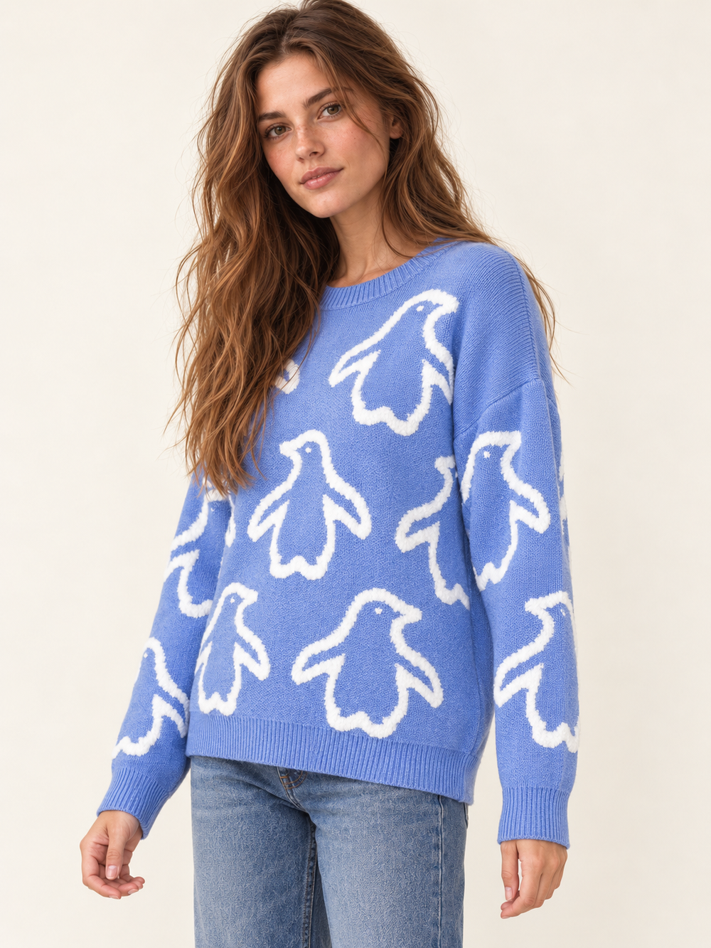 Penguin sweater blue - angled view