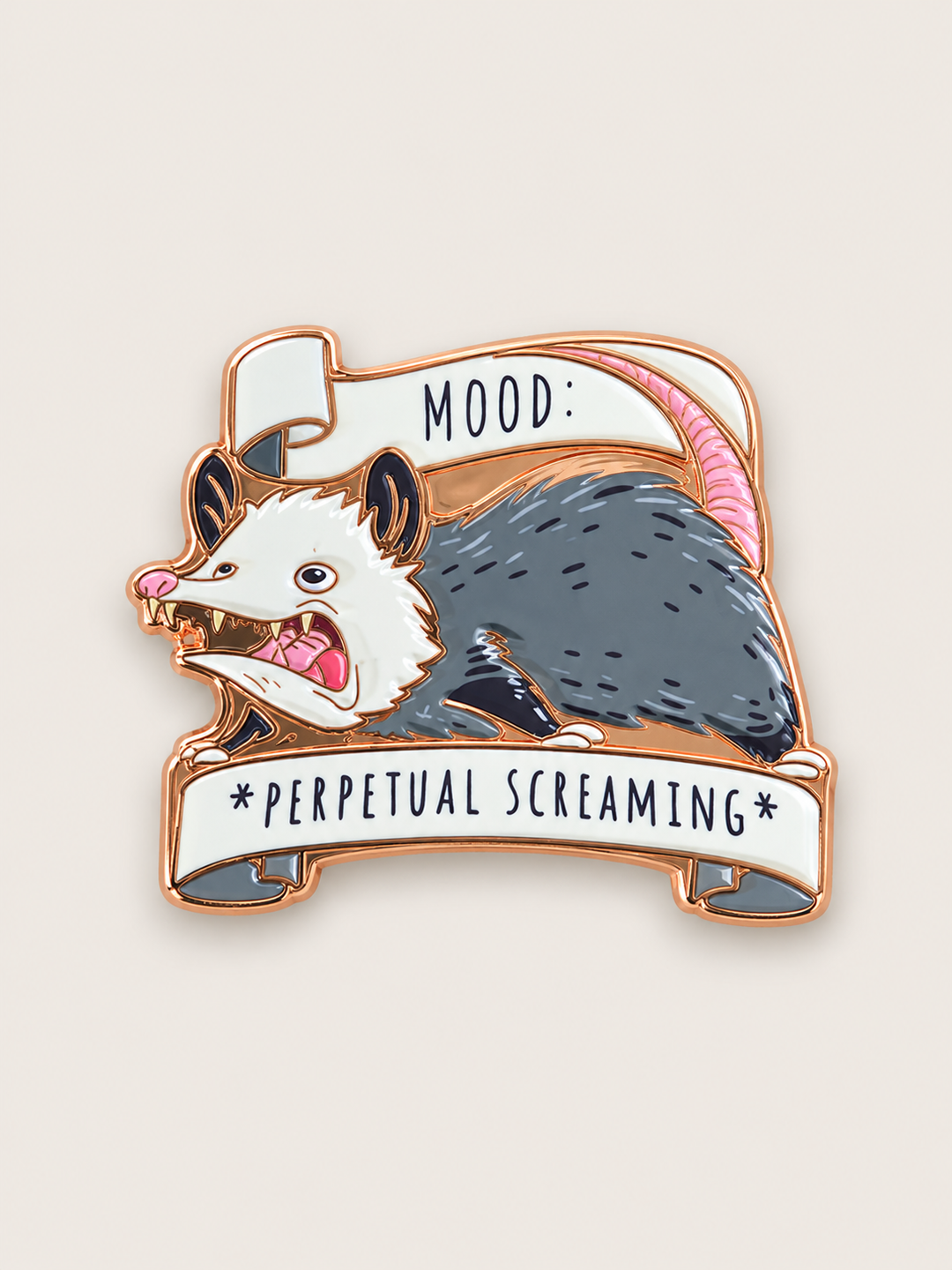 Perpetual Screaming Opossum Pin shown on a warm neutral background