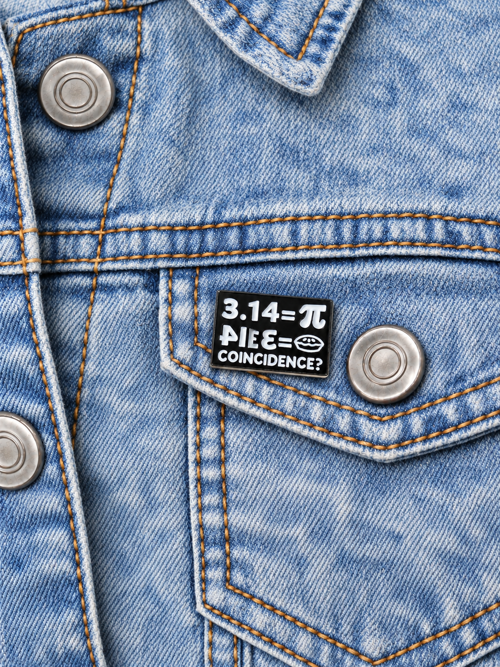 Pi Pie Coincidence Pin displayed on an acid-wash denim jacket beside a metal button