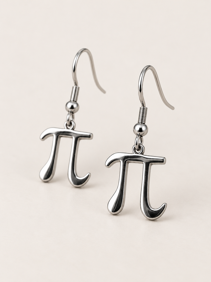 Pi Symbol Drop Earrings — silver angle; Stainless Steel
