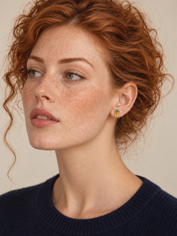 Model wearing gold Pineapple Stud Earrings