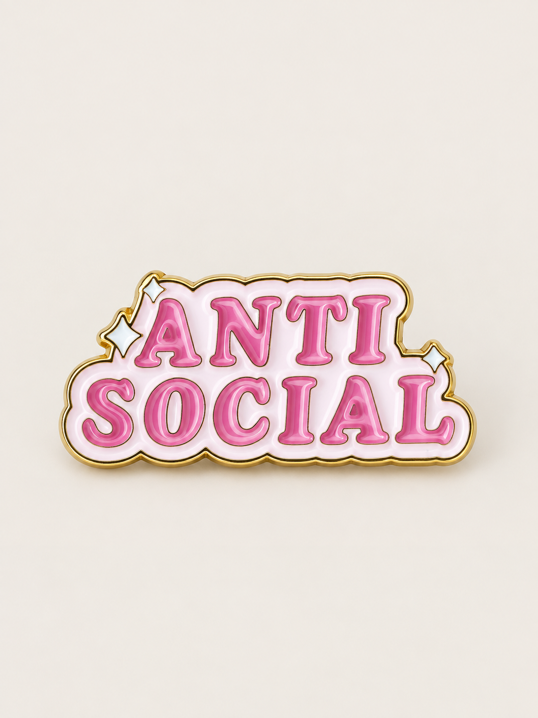 Pink Anti Social Pin shown on a warm neutral background