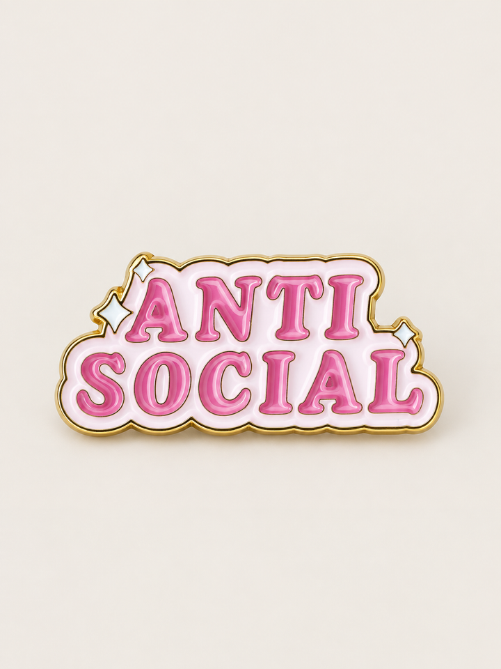 Pink Anti Social Pin shown on a warm neutral background